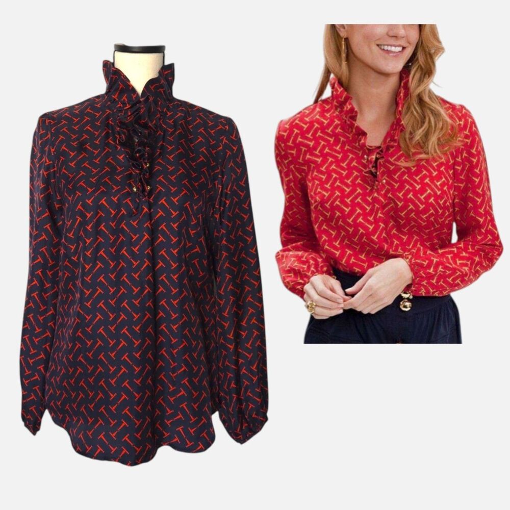 Elizabeth McKay Elizabeth Blouse Navy Red Silk Ruffle Scotland Style 6